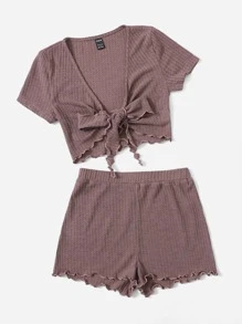 SHEIN EZwear 前繫帶木耳邊T恤和華夫格編織短褲套裝 - 藕粉色 - 查看 4