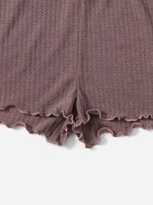 SHEIN EZwear 前繫帶木耳邊T恤和華夫格編織短褲套裝 - 藕粉色 - 查看 5