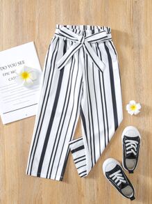 小女童豎條紋紙袋腰腰帶長褲 - 白色 - 查看 1