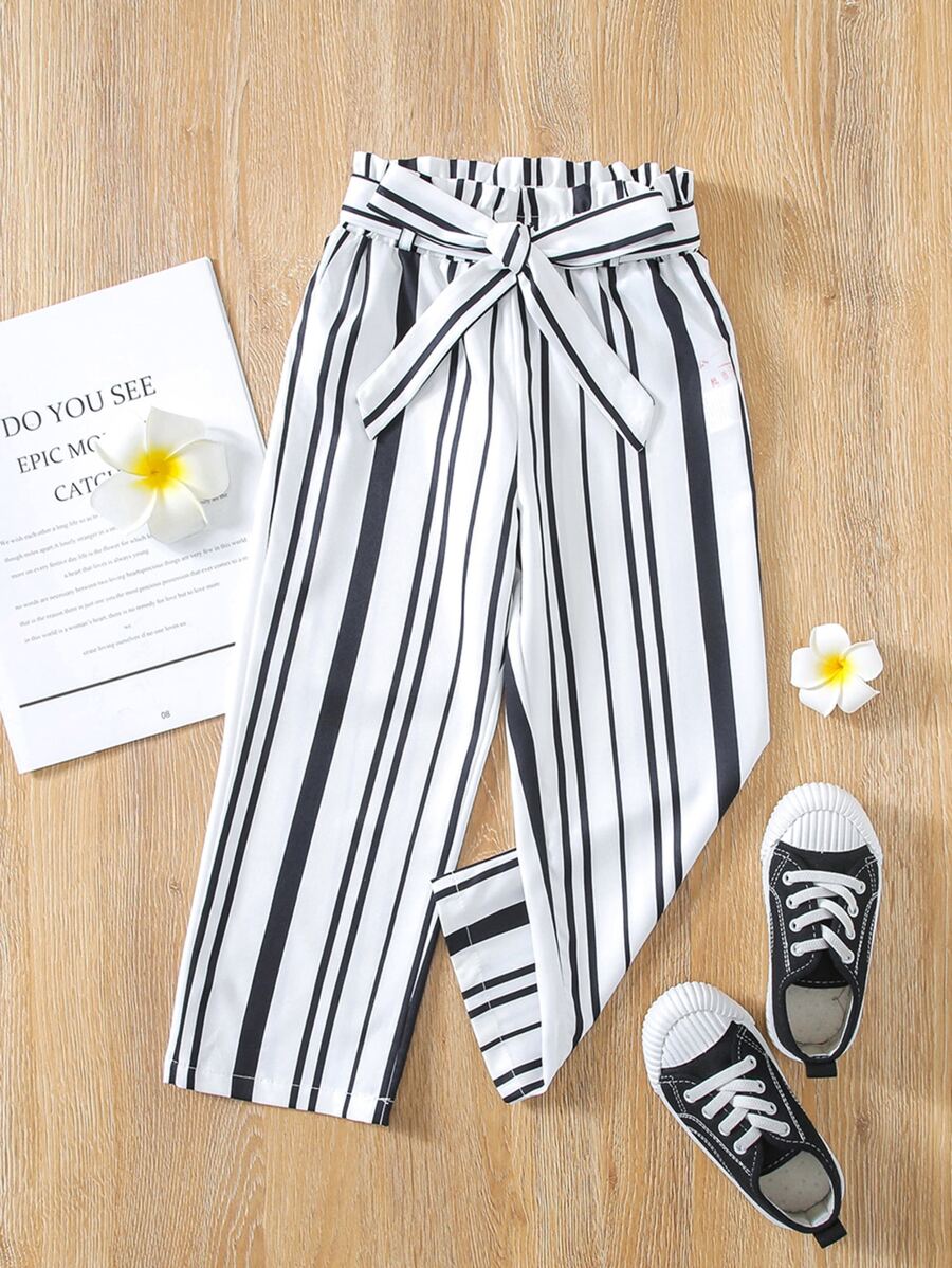 小女童豎條紋紙袋腰腰帶長褲 - 白色 - 查看 1