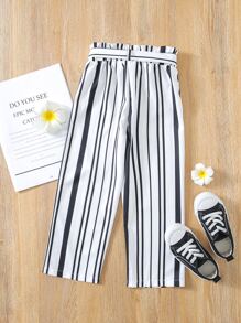 小女童豎條紋紙袋腰腰帶長褲 - 白色 - 查看 2