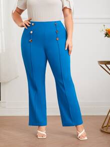 SHEIN 大碼雙排釦前接縫長褲 - 藍色 - 查看 1