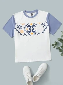 Manfinity 男士幾何印花撞色補丁貼口袋T恤 - 白色 - 查看 1