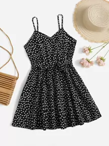 SHEIN Tween Girl Ditsy Floral Belted Cami Dress - Black and White - View 1