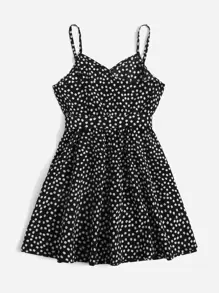 SHEIN Tween Girl Ditsy Floral Belted Cami Dress - Black and White - View 2