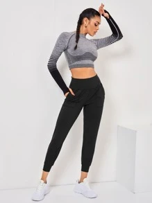 SHEIN Cheerettes Breathable Softness Wide Waistband Sports Pants - Black - View 5
