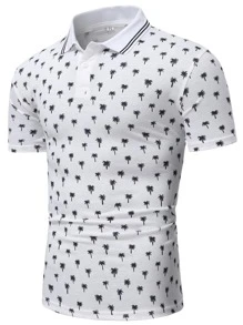 Manfinity Men Allover Coconut Tree Print Striped Trim Polo Shirt - White - View 1
