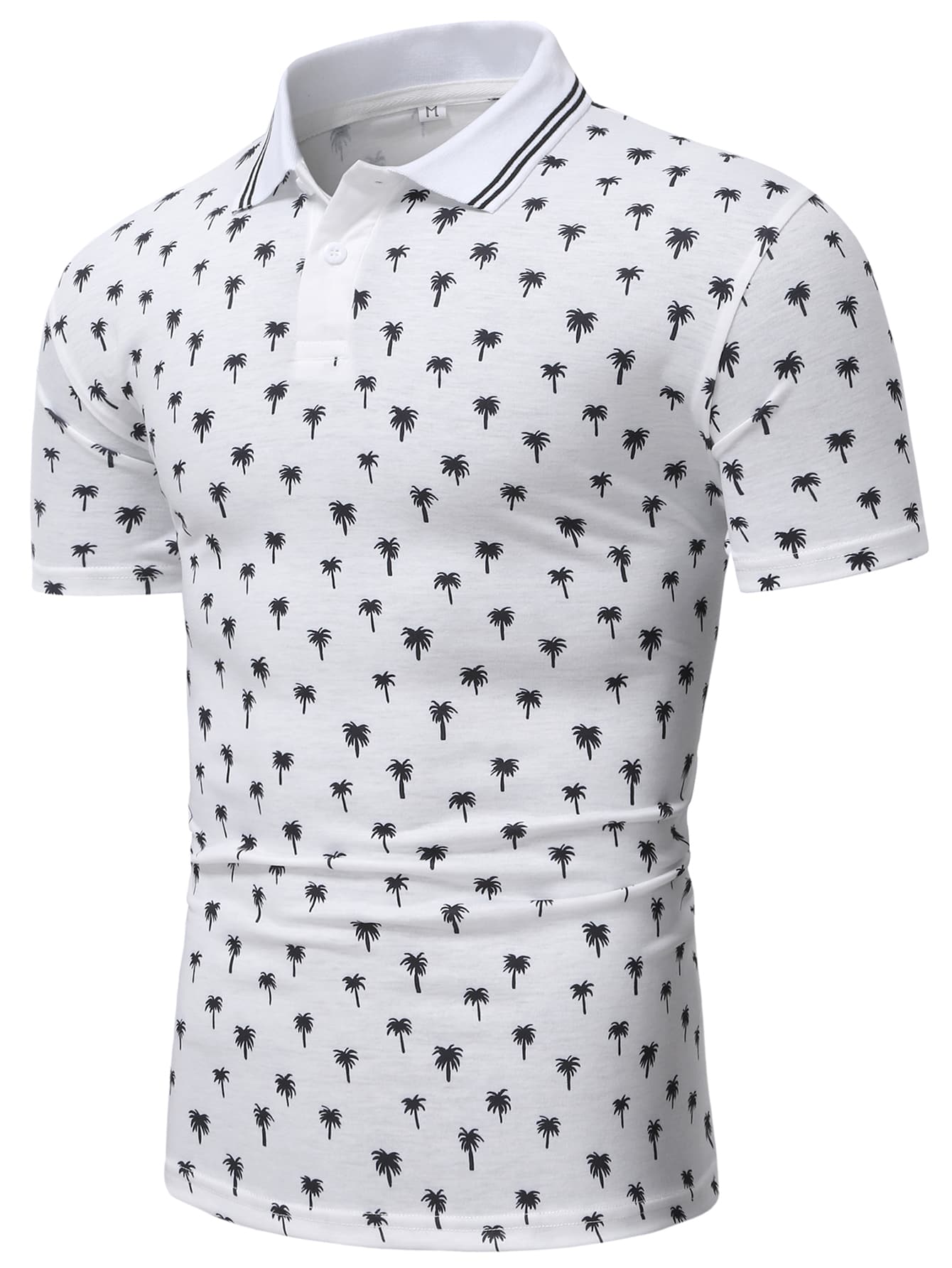 Manfinity Men Allover Coconut Tree Print Striped Trim Polo Shirt - White - View 1