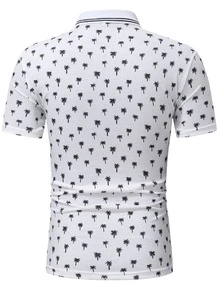 Manfinity Men Allover Coconut Tree Print Striped Trim Polo Shirt - White - View 2