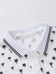 Manfinity Men Allover Coconut Tree Print Striped Trim Polo Shirt - White - View 3