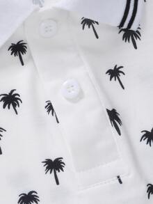 Manfinity Men Allover Coconut Tree Print Striped Trim Polo Shirt - White - View 4