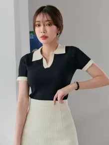 DAZY Viền tương phản Cổ Polo Đan Xương sườn Áo - màu đen - Xem 1