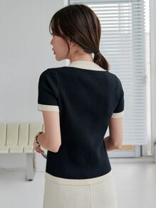 DAZY Viền tương phản Cổ Polo Đan Xương sườn Áo - màu đen - Xem 2