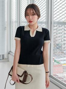 DAZY Viền tương phản Cổ Polo Đan Xương sườn Áo - màu đen - Xem 4