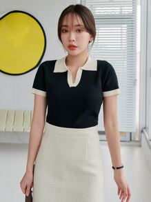 DAZY Viền tương phản Cổ Polo Đan Xương sườn Áo - màu đen - Xem 5