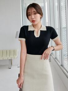 DAZY Viền tương phản Cổ Polo Đan Xương sườn Áo - màu đen - Xem 6