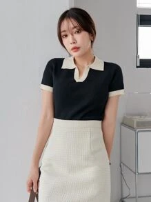 DAZY Viền tương phản Cổ Polo Đan Xương sườn Áo - màu đen - Xem 7