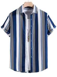 Manfinity Homme Men Block Striped Shirt Without Tee - Blue and White - View 1
