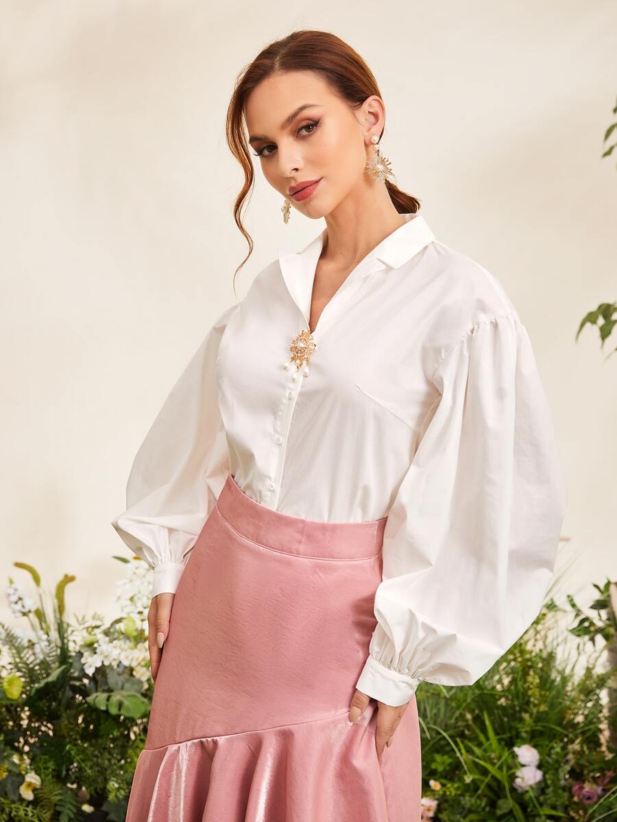 Modelyn Lantern Sleeve Shirt Without Brooch - White - View 1