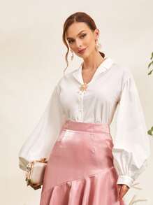 Modelyn Lantern Sleeve Shirt Without Brooch - White - View 3