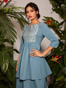 Divindia 缺口V領幾何印花荷葉邊下擺直筒上衣 - 霧霾藍 - 查看 1