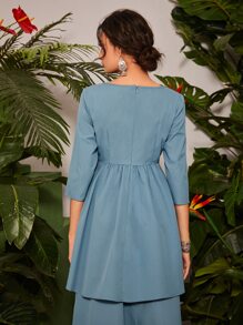 Divindia 缺口V領幾何印花荷葉邊下擺直筒上衣 - 霧霾藍 - 查看 2