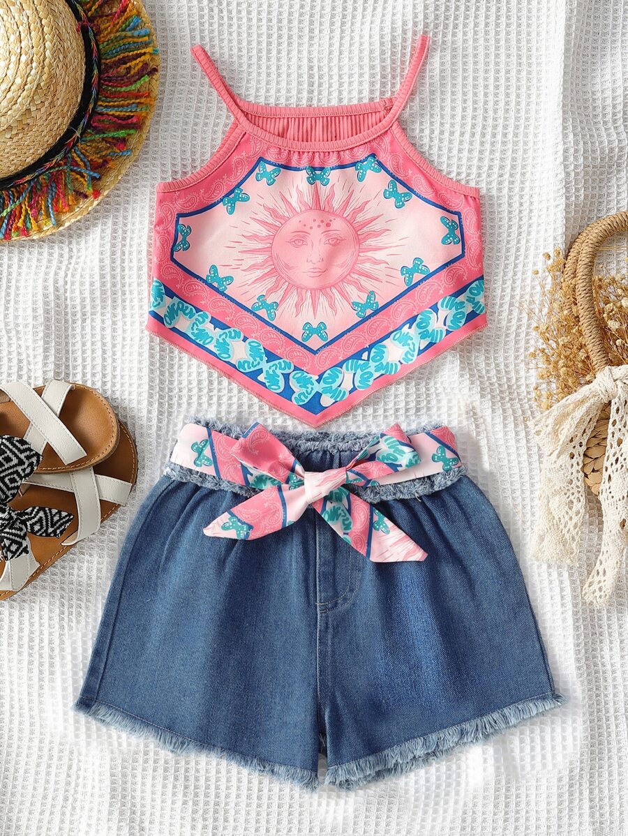 Young Girl Butterfly & Sun Print Bandana Cami Top & Raw Trim Denim-Effect Print Shorts - Multicolor - View 1