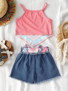 Young Girl Butterfly & Sun Print Bandana Cami Top & Raw Trim Denim-Effect Print Shorts - Multicolor - View 2