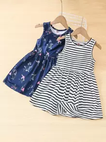 SHEIN 小女童1入組條紋印花連衣裙帶1入組印花連衣裙 - 彩色 - 查看 1