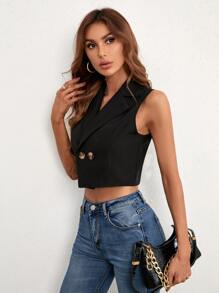 SHEIN Essnce Áo khoác  âu phục nữ Nút đôi màu trơn Thanh lịch - màu đen - Xem 4