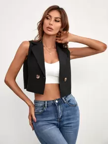 SHEIN Essnce Áo khoác  âu phục nữ Nút đôi màu trơn Thanh lịch - màu đen - Xem 7