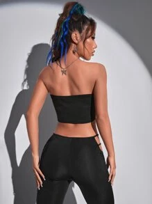 Top tubo corto con mariposa con diamante de imitación - Negro - Ver 2