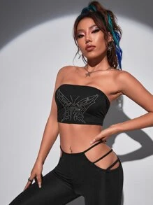 Top tubo corto con mariposa con diamante de imitación - Negro - Ver 3