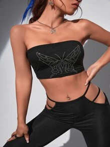 Top tubo corto con mariposa con diamante de imitación - Negro - Ver 7