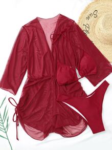 Plain Halter Triangle Bikini Set With Cover Up, For Summer Beach Vacation - Burgundy - View 4