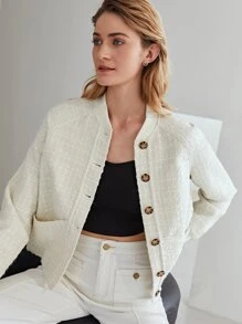 MOTF PREMIUM TWEED BASEBALL COLLAR JACKET - Beige - View 10