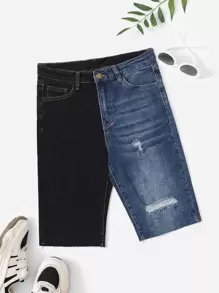 SHEIN 撞色破洞牛仔短褲 - 彩色 - 查看 1