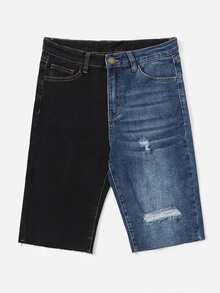 SHEIN 撞色破洞牛仔短褲 - 彩色 - 查看 4