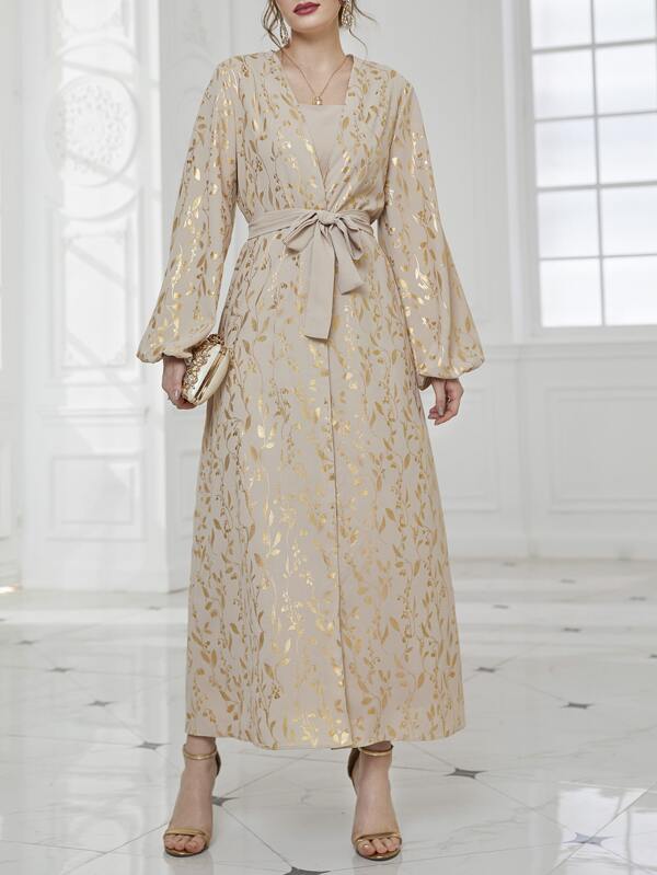 Al Najma Abrigo con estampado de plantas, manga obispo, cinturón, modesto abaya, túnica y vestido de tirantes