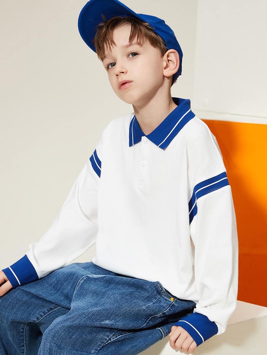 男孩條紋印花落肩袖POLO衫 - 白色 - 查看 1