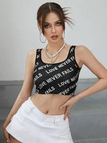 ROMWE PUNK Slogan Graphic Crop Tank Top - Black - View 3