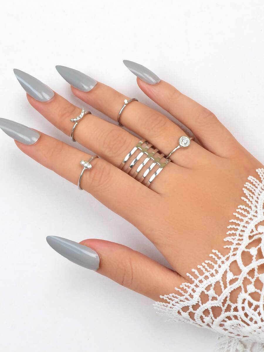 5pcs Rhinestone Decor Ring - Silver - View 1