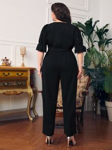 SHEIN Jumpsuit con diseño de diamante de imitación de manga con volante con cinturón - Negro - Ver 3