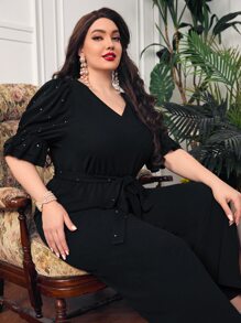 SHEIN Jumpsuit con diseño de diamante de imitación de manga con volante con cinturón - Negro - Ver 4