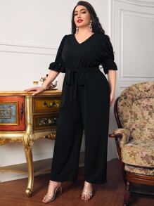 SHEIN Jumpsuit con diseño de diamante de imitación de manga con volante con cinturón - Negro - Ver 1