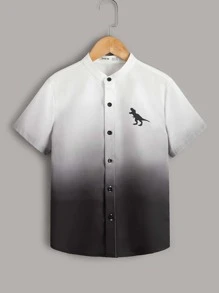 SHEIN Leap Crew Tween Boy Dinosaur Print Ombre Button Through Shirt - Black and White - View 2