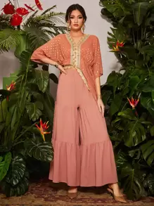 Divindia Ruffle Hem Ethnic Sharara Trousers - Dusty Pink - View 3