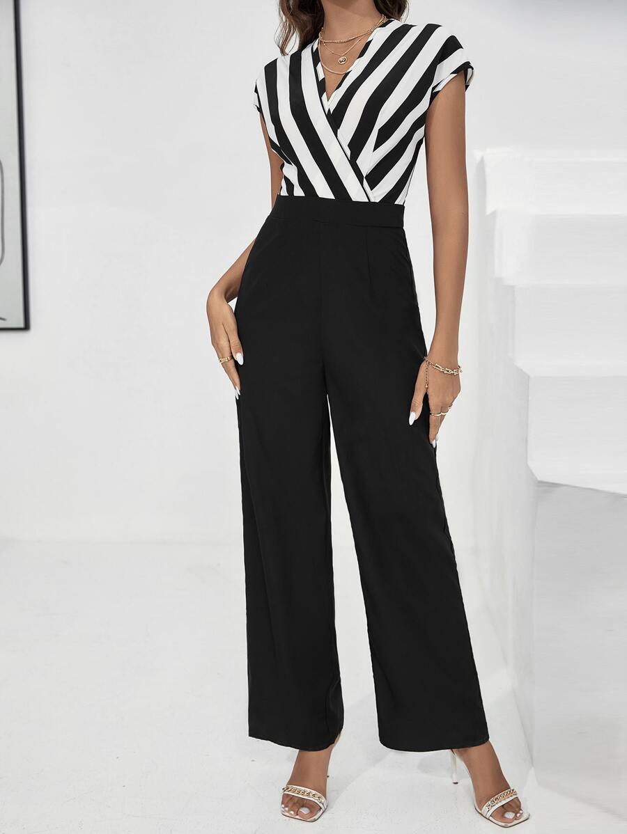 SHEIN Privé 2 In 1 Striped Surplice Neck Culotte Jumpsuit - Black and White - View 1
