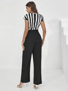 SHEIN Privé 2 In 1 Striped Surplice Neck Culotte Jumpsuit - Black and White - View 2
