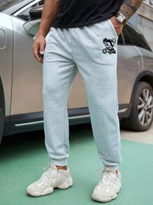 Manfinity Hombres Pantalones deportivos con estampado de dibujos animados - Gris Claro - Ver 4